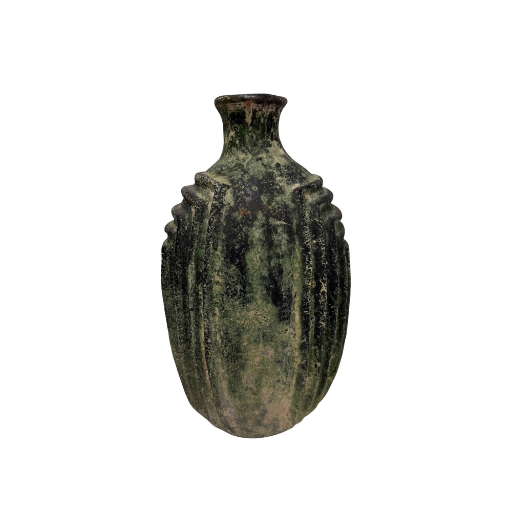 Vintage Style Green Ribbed Terracotta Bottle Vase Crusty Patina Home Decor 14"
